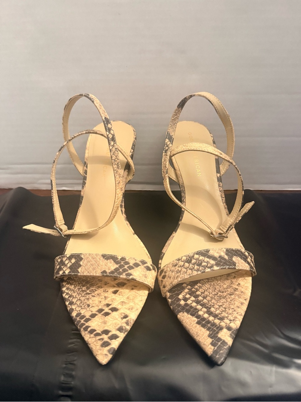 Good American Beige Snake-Print Pointed Slingback Heels